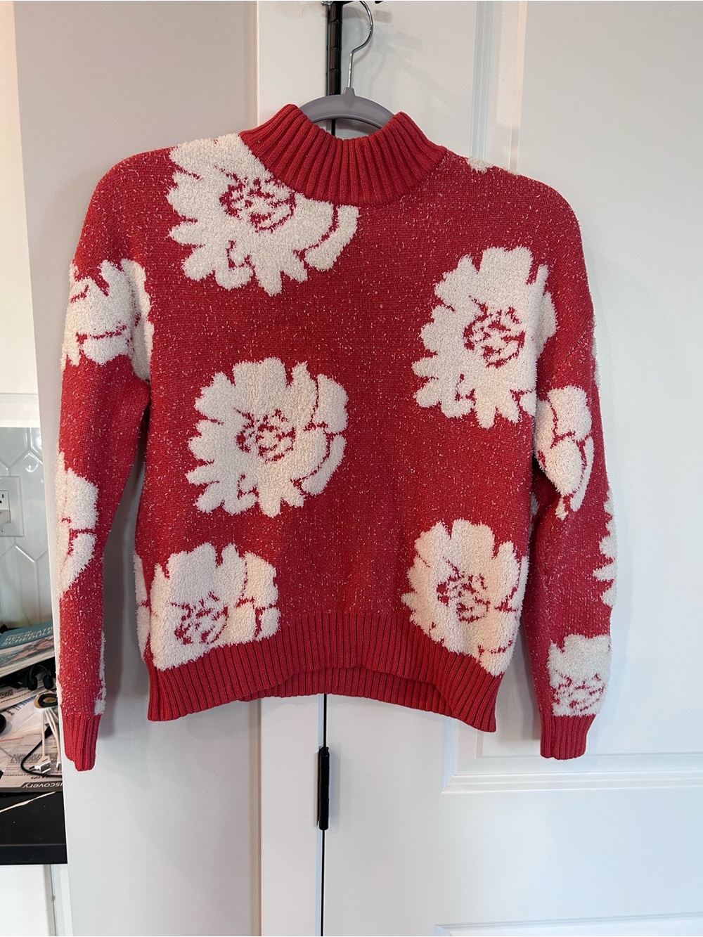Belldini Orange Red Floral Knit Sweater White Flower Pattern Cozy Autumn Layer